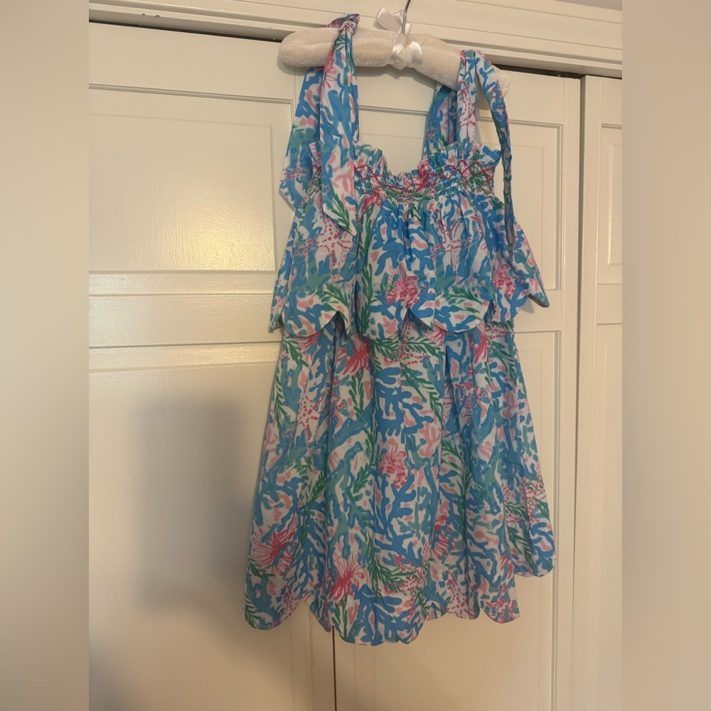 Lilly-Lookalike Scalloped Tie Shoulder Dress. Girls size 6